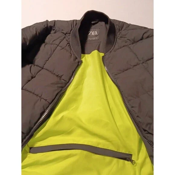 Zara Long Puffer Coat Jacket Black Green Quilted Medium Snow Cold Winter - Picture 5 of 12